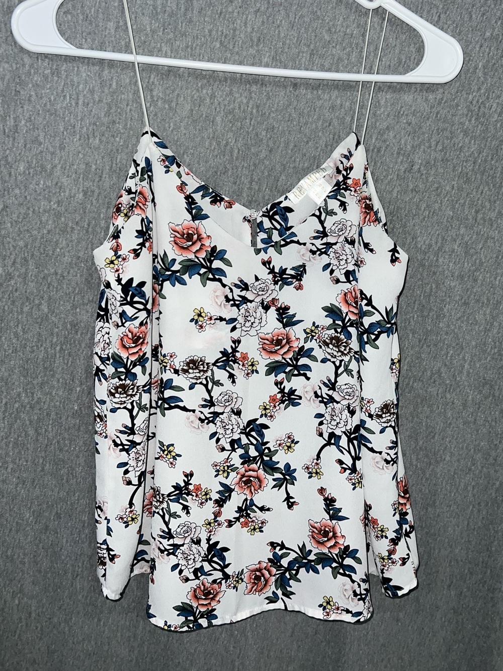 Revamped White Floral Spaghetti Strap Camisole with Pink Rose Print